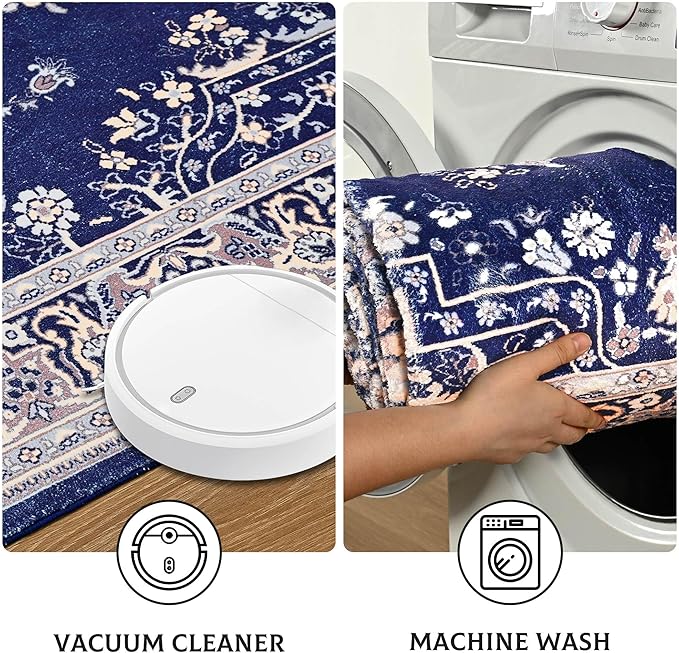 Living Room Rug 6x9 Rug, Machine Washable Area Rug Non Slip Low Pile Rug for Living Room, Bedroom, Farmhouse, Dining Room, Navy Blue