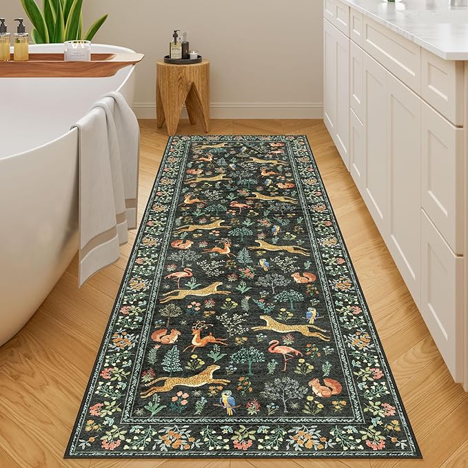 DUKINO 2.6x8 Rug for Hallway, Washable Kitchen Runner Rug with Non Slip Backing, Soft Low Pile Vintage Animal Runner for Bedroom, Kitchen, Hallway, Entryway, Laundry, Black