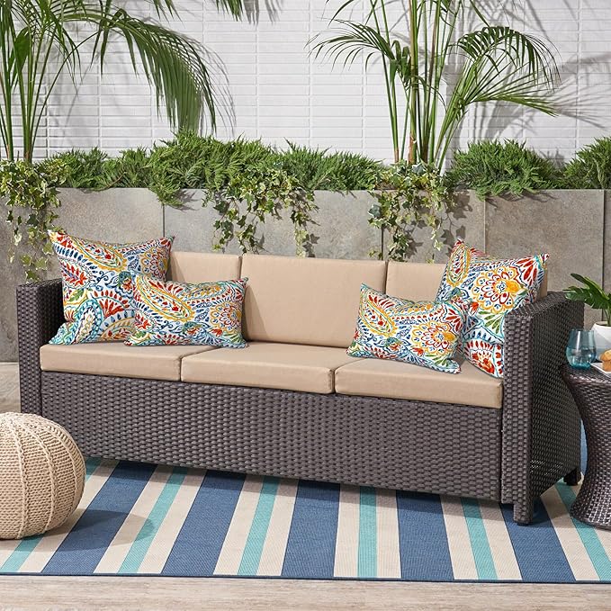 Patio Throw Pillows with Inners, Fade Resistant Square Pillow Pack of 2, Decorative Garden Cushions for Home, 18x18 Inch,Paisley Multi