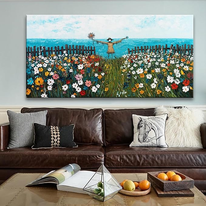 Tsomzxng Large Wall Art For Living Room Scene Canvas Art Wall Decor Picture Artwork Blue Sea Colorful Flowers Print Painting Scarecrow Landscape Bedroom Office Home Wall Decor 29x58 Inch