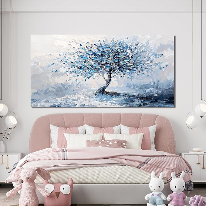 Large Canvas Wall Art Decor Modern Blue White Wall Art Prints Canvas Art Wall Decor Wall Art Pictures for Living Room Artwork for Walls Abstract Art Tree of Life Wall Art Bedroom Office Decor 24"X48"