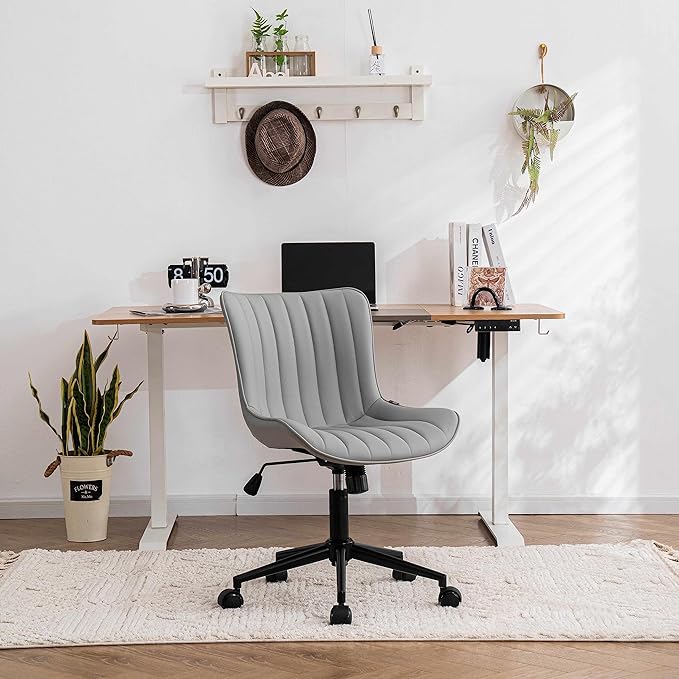 YOUNIKE Grey Home Office Desk Chair with Wheels Comfy Armless Vanity Chair with Back Modern Leather Upholstered Rolling Computer Task Chair Small Cute Drafting Sewing Chair Swivel Adjustable Ergonomic