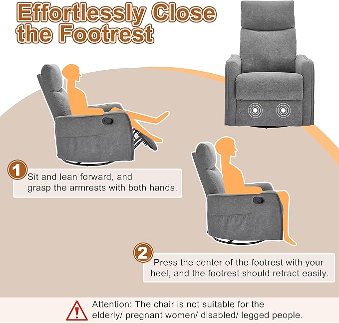 Manual 360° Swivel Rocker Recliner Chair for Adults, Overstuffed Glider Chair for Nursery with Vibration Massage and Heat, Comfy Soft Fabric Glider with Side Pockets for Living Room, Gray