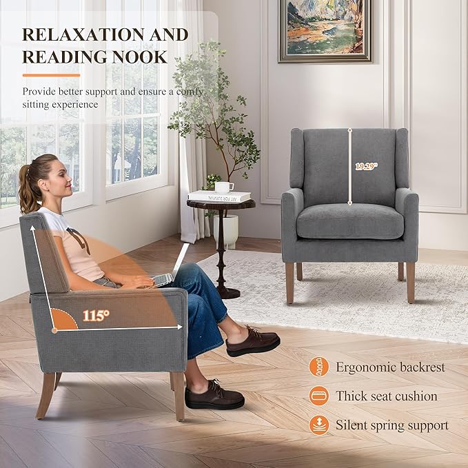 Accent Chairs for Living Room, Mid-Century Wooden Fabric Living Room Chairs, Arm Chair, Side Chairs for Living Room, Bedroom, Reading Nook