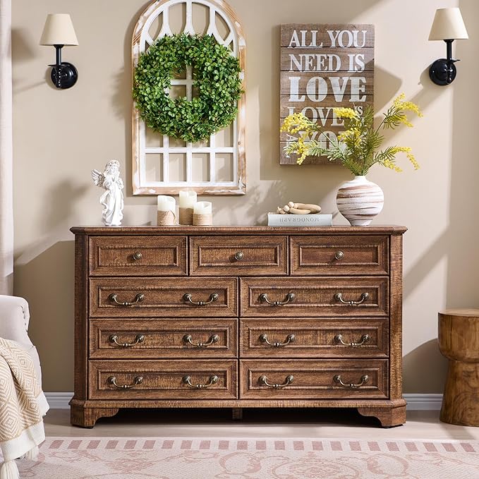 T4TREAM Farmhouse 9 Drawers Dresser for Bedroom, 54" Wide Wood Rustic Chest of Drawers with Natural Texture, Vintage Design, Storage Dressers Organizer for Bedroom, Living Room, Reclaimed Barnwood