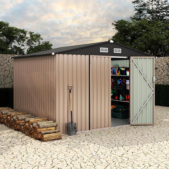 8x10 FT Metal Storage Sheds Outdoor with Floor, Metal ToolShed with Lockable Door, Metals Yard Sheds Metals Garden Shed Kit, MetalUtility Sheds Buildings with Air Vent for Backyard Garden Patio Lawn