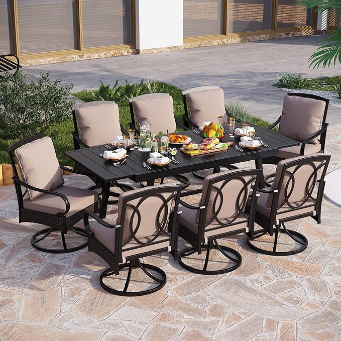 PHI VILLA 9-Piece All-Weather Outdoor Dining Set, Heavy Duty Expandable Metal Table & 8 Swivel Chairs with Cushions, Durable Patio Furniture for Deck, Backyard, Garden