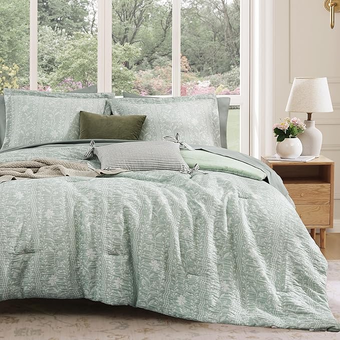 Queen Comforter Set -7 Pieces Green Floral Comforter Set for All Seasons, Bed in a Bag Queen with Botanical Flowers Comforter, Sheets, Pillowcases & Shams