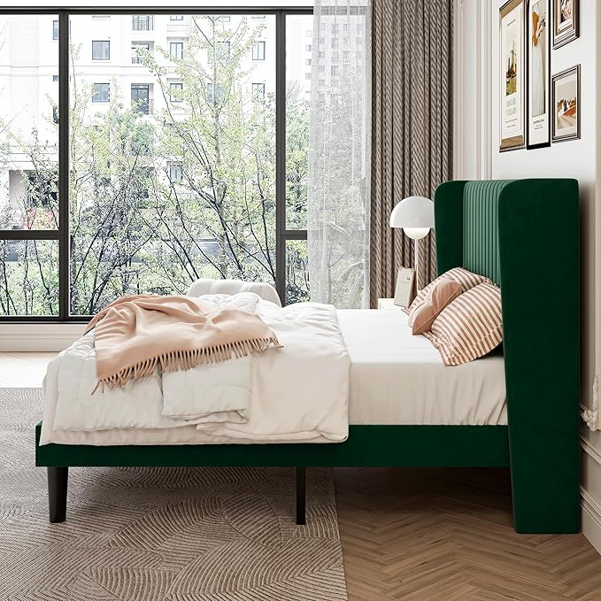 SHA CERLIN Queen Size Velvet Bed Frame with Vertical Channel Tufted Wingback Headboard, Upholstered Platform Bed with Wood Slats, No Box Spring Needed, Easy Assembly, Green