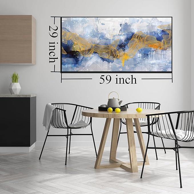 Modern Living Room Wall Art - Blue Canvas Wall Art Abstract -Large Framed Wall Art Ready to Hang Size 29" x 59"