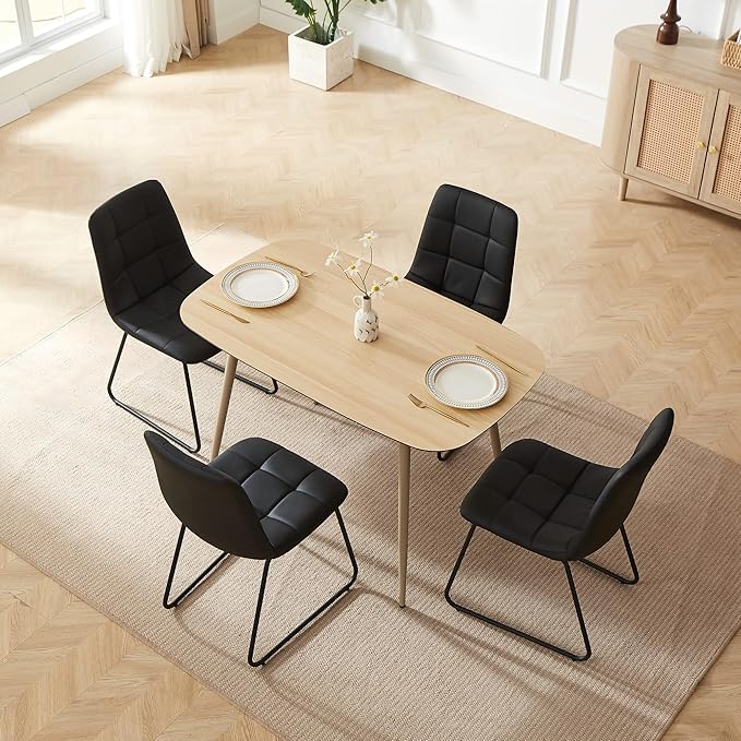 47.2" Modern Dining Table Set for 4, Wood Table with 4 Black Leather Chairs, Stylish Kitchen & Dining Room Furniture, Space-Saving Table and Chairs Set