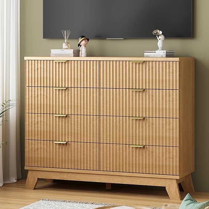 Fluted Dresser for Bedroom with 8 Drawers, 48" Wide Modern Chest of Drawers with Metal Handle, Wooden Dresser TV Stand, Wood Closet Clothes Storage Organizer for Living Room, Hallway, Natural Oak