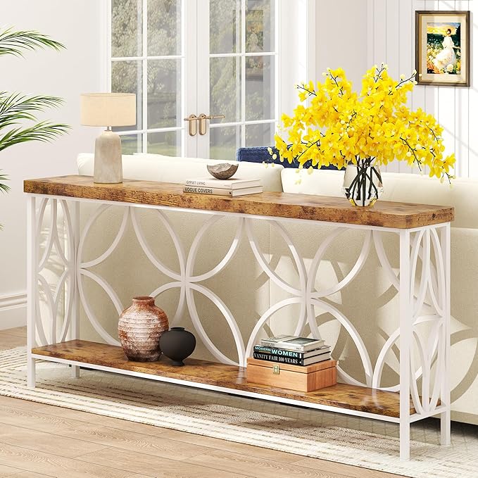 karlott 70.9 inch Extra Long Console Table, Industrial Sofa Table Behind Couch with 2 Tier Storage Shelf, Narrow Long Entryway Table for Living Room, Foyer, Hallway, Office, White