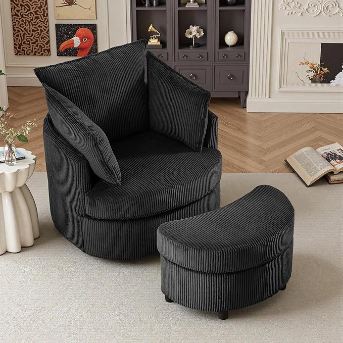Swivel Accent Chair with Ottoman Comfy Reading Chairs for Bedroom Modern Corduroy Arm Chair 360°Swivel Barrel Chairs for Living Room,Apartment (Black, 1)