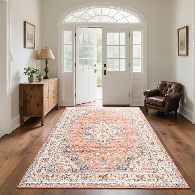 Vintage Area Rug 5x7 Rugs, Machine Washable Rug Non-Slip Low Pile Rug for Living Room, Bedroom, Farmhouse, Dining Room, Orange