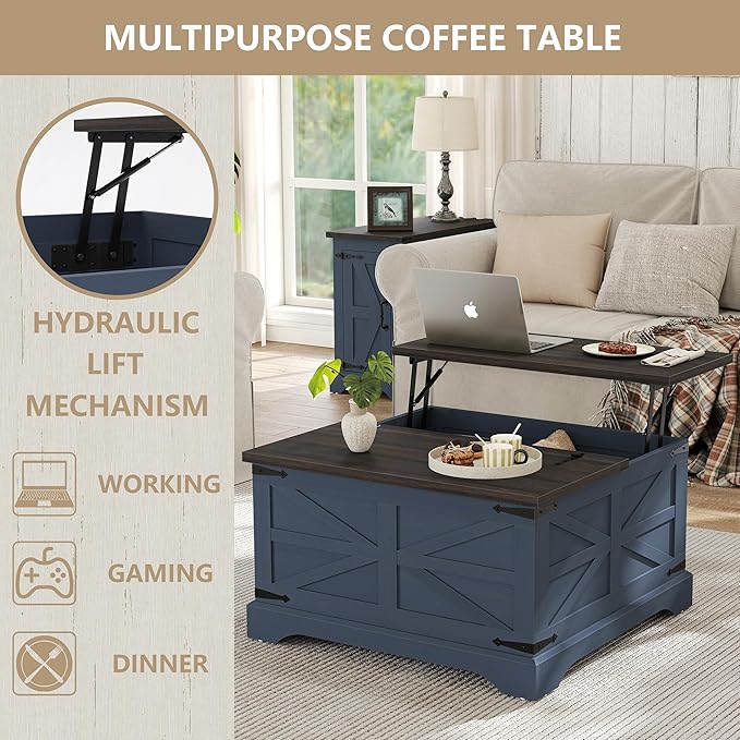 Furnideco Square Coffee Table with Storage Farmhouse Coffee Table with Lifting Top Modern Wood Center Table for Living Room Home Office, Blue