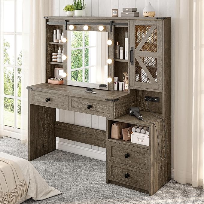 EnHomee 47.2" Farmhouse Makeup Vanity Desk with Sliding HD Mirror and Lights, Vanity Table with 4 Drawers & RGB Cabinets, Modern Lighted Vanity Table for Bedroom, Light Rustic Oak