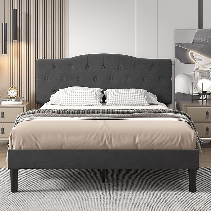 VECELO Full Size Platform Bed Frame with Fabric Upholstered Headboard and Wooden Slats Support, No Box Spring Needed/Easy Assembly,Grey