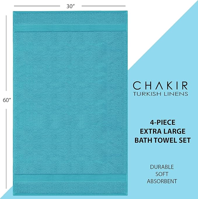 Chakir Turkish Linens | Hotel & Spa Quality 100% Cotton Luxury Turkish Towels | Soft & Absorbent (30x60 Inches Extra Large Bath Towels, Set of 4 - Aqua)