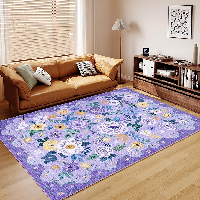 DUKINO 8x10 Area Rug, Floral Rugs for Living Room, Lightweight Non Slip Washable Rug, Indoor Low Pile & Non-Shedding Boho Design Rugs for Bedroom, Living Room, Dining Room, Purple