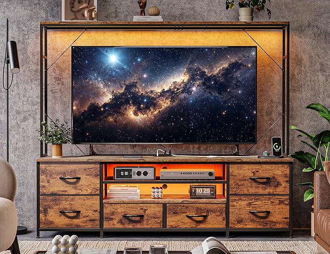 TV Stand for 55 60 inch TV, Large Wall Unit Entertainment Center with LED Lights & Power Outlets, TV Stands for Living Room, Closet, Entryway,13.8" D x 55" W x 61" H, Rustic Brown