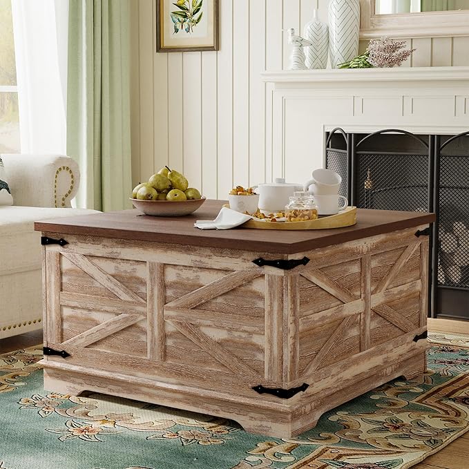 Farmhouse Coffee Table, Heavy-Duty Coffee Table with Storage, Square Wood Center Table Set for Living Room with Pull Up Large Hidden Storage Compartment,Rustic Brown