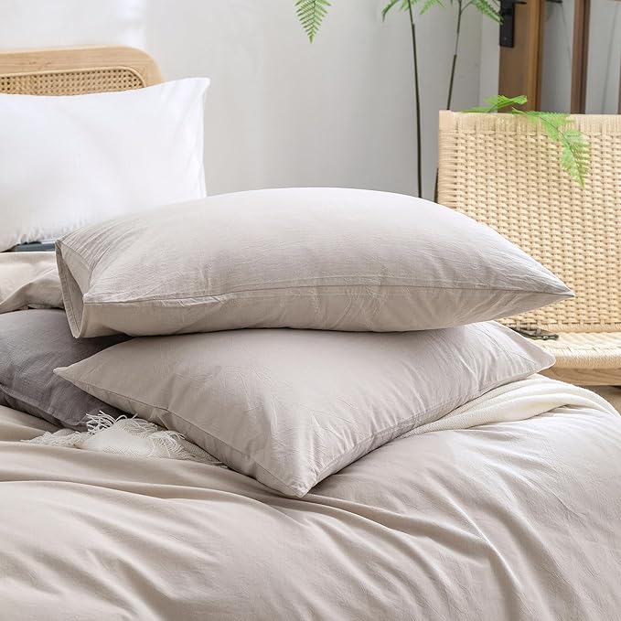 BESTOUCH Duvet Cover Set 100% Washed Cotton Linen Feel Super Soft Comfortable Chic Lightweight 3 PCs Home Bedding Set Solid Linen Grey Super King