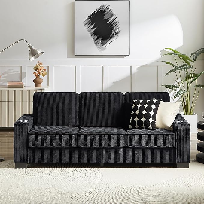 Furnimart Modern 3 Seater Couches, Cozy Deep Seat Sofa, Comfy Fluffy Couch for Living Room, Small Couches for Small Space, with Removable Sofa Cover, Black Corduroy Fabric