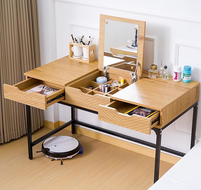 TEKAMON 47" Makeup Vanity Desk with Mirror,Girls Vanity Dressing Table for Bedroom, Home Office/Computer Desk with 2 Drawers, Study Desk with Cable Management, Natural Wood