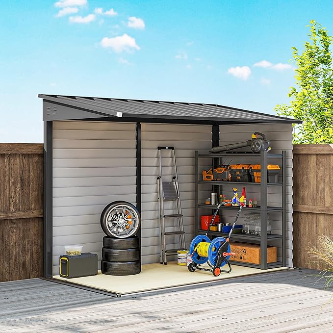 Outsunny 4.6' x 9' Steel Outdoor Storage Shed, Lean to Shed, Metal Tool House with Foundation Kit, Lockable Doors, Gloves and 2 Air Vents for Backyard, Patio, Lawn, Dark Gray