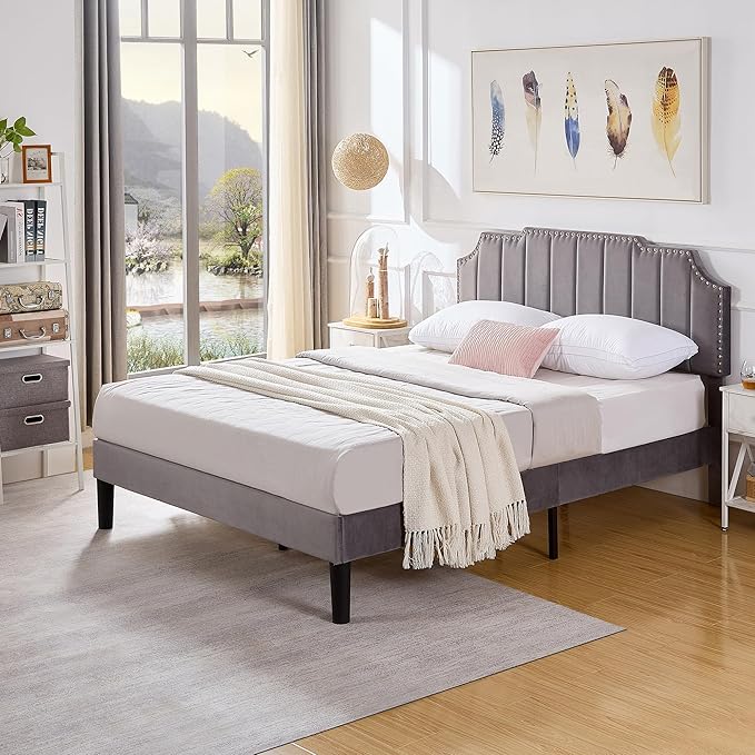 VECELO Queen Size Bed Frame Upholstered Platform with Tufted Adjustable Headboard/Mattress Foundation/Wood Slat Support,Easy Assembly,Dark Grey