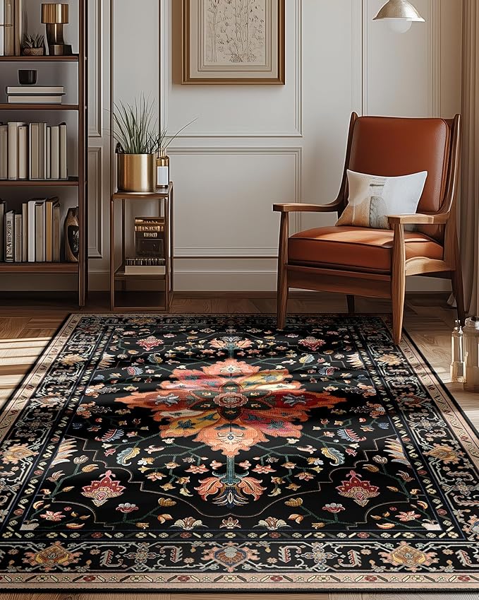 Area Rugs 3'x5' Washable Non-Slip, Floral Vintage Distress Print Pattern Medallion Carpet for Living Room Bedroom Dining Room, Black Colorful Floral Dark Tan