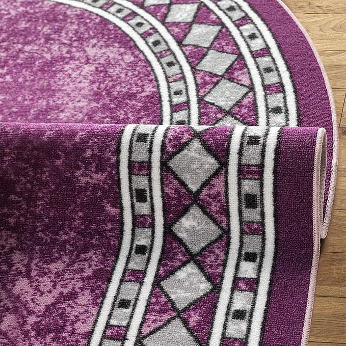 Antep Rugs Alfombras Modern Bordered 5x7 Non-Skid (Non-Slip) Low Profile Pile Rubber Backing Indoor Area Rugs (Purple, 5' x 7' Oval)