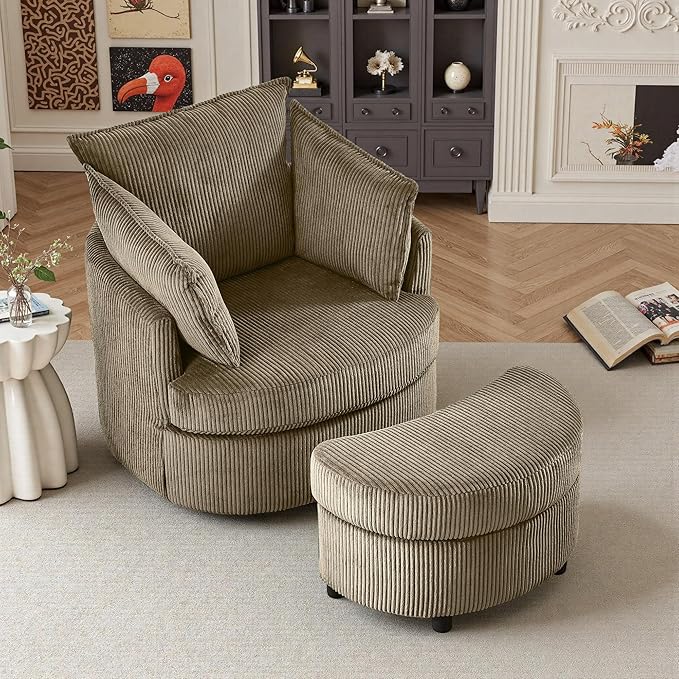 Swivel Accent Chair with Ottoman Comfy Reading Chairs for Bedroom Modern Corduroy Arm Chair 360°Swivel Barrel Chairs for Living Room,Apartment (Brown, 1)