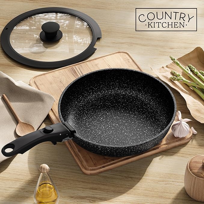 Country Kitchen Cookware Set with Removable Handle, Oven & RV Safe Pots and Pans Set, Black, Original
