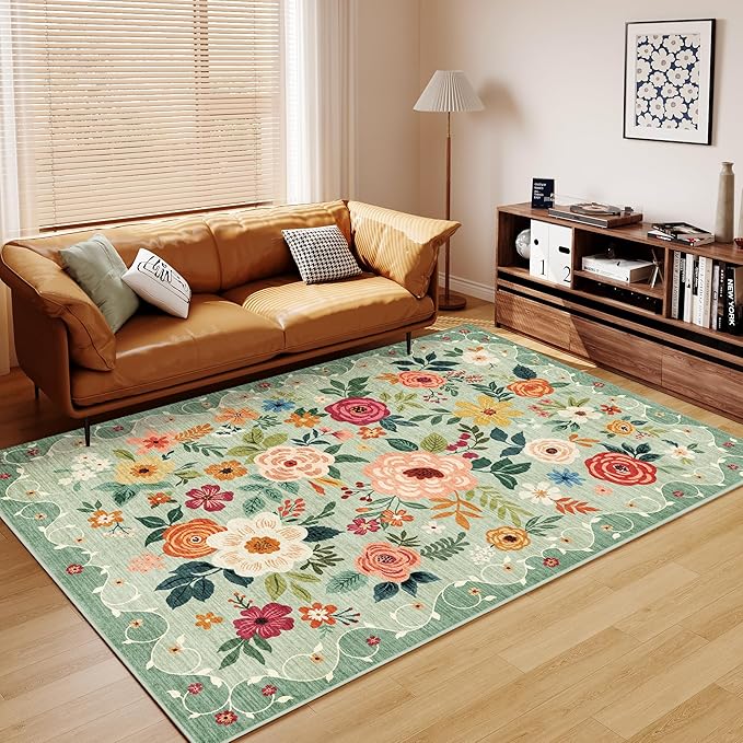 DUKINO 8x10 Area Rug, Floral Rugs for Living Room, Lightweight Non Slip Washable Rug, Indoor Low Pile & Non-Shedding Boho Design Rugs for Bedroom, Living Room, Dining Room, Green