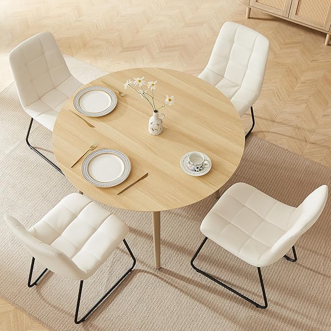 43.3 Inch Round Dining Table Set for 4, Modern Small Kitchen Coffee Set for Dining Room Kitchen Apartment (Cream Table+4 U-Shaped White Chairs)