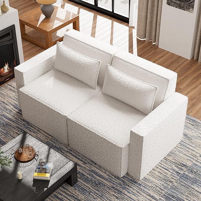 ELUCHANG Oversized Loveseat Sofa,Modern Boucle Sectional Sleeper Sofa with Strong Wood Frame,High Supportive & Soft Sponges Comfy Upholstered Couch Deep Seat Couch for Living Room Apartment White
