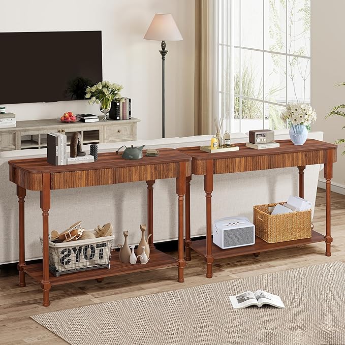 43.3” Console Table with 2 Drawers, Modern Retro Entryway Table with Fluted Panel & Storage Shelf, Narrow Wood Behind Couch Sofa Table for Living Room, Foyer, Hallway(Walnut)