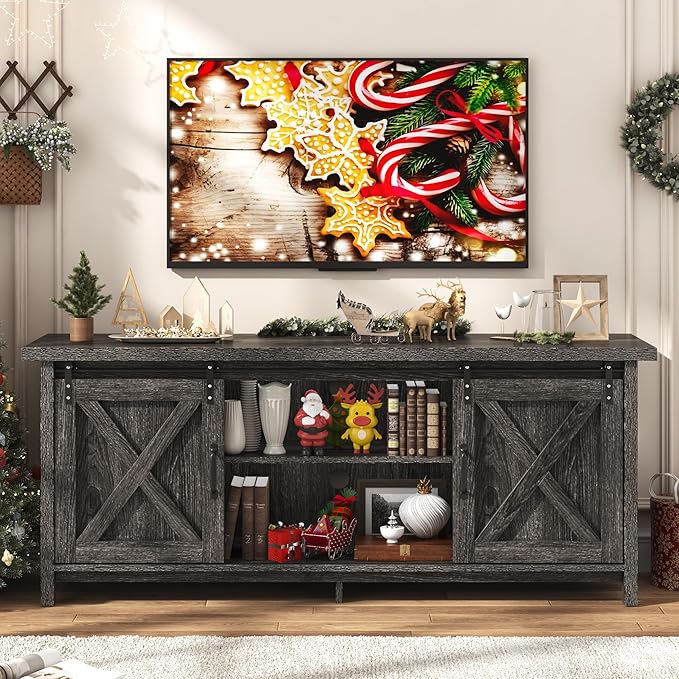 Farmhouse TV Stand for 65 Inch TV with Sliding Barn Door, Rustic Wood Entertainment Center Large Media Console Cabinet Long Television Stands,Console Table and Media Furniture for Living Room(Grey)