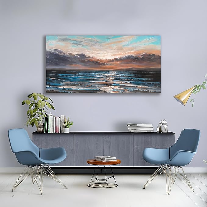 Belmrxne Large Ocean Wall Art Bule and White Wave Wall Decor Scenic Aesthetic Canvas Painting for Living Room Bedroom Dining Room Office Home Decor 30x60 Inch