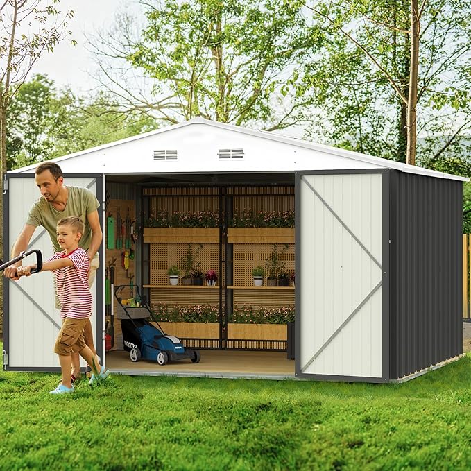 GUNJI 10 x 8 FT Shed Outdoor Storage Shed Metal Garden Shed with Lockable Door Outside Waterproof Tool Shed for Backyard, Patio, Lawn (Gray)