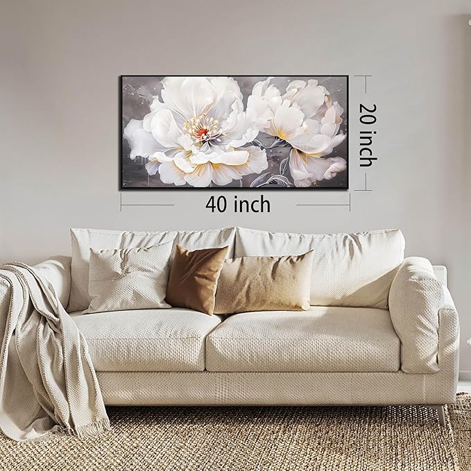 Flower Canvas Wall Art for Living Room - Modern White Wall Art for Bedroom - Black Framed Wall Art Size 20" x 40"