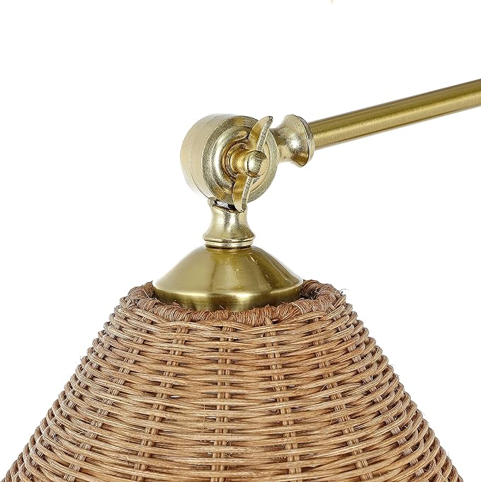 WINGBO Wall Sconce Rattan Wrapped Wall Lamp, Adjustable Swing Arm Wall Light Foldable Gold Light Fixture Vintage Bedside Light Wicker Handmade Shade Reading Light Plug in or Hardwire Gold/Black