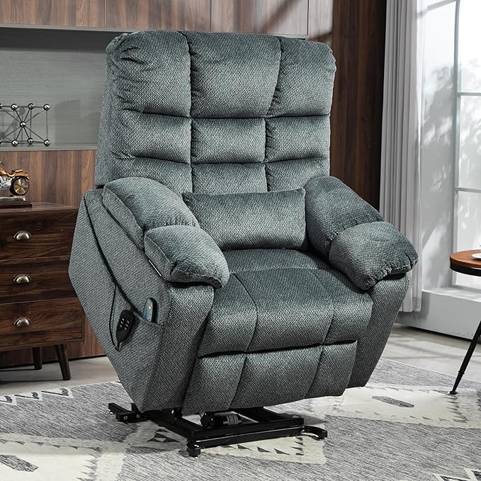 3-Motor Lift Chair with Adjustable Seat Height Zero Gravity Lay Flat Recliner with Heat Massage - Flip Arm Storage Cup Holders - Power Lift Recliner for Elderly – Big Tall 400 lbs (Slate Blue)