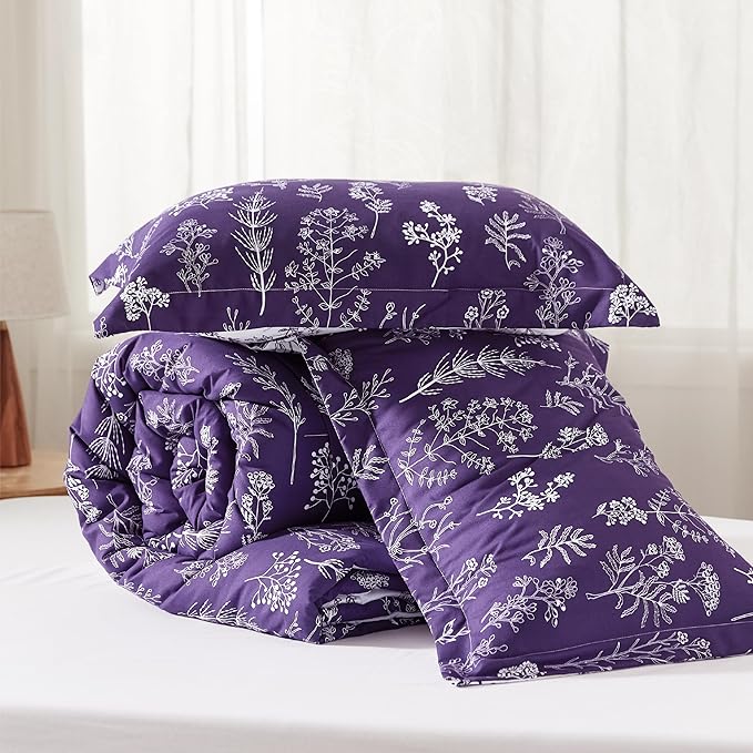 Bedsure King Comforter Set - Dark Purple Bed Set, 3 Pieces Cute Floral Bedding, 1 Soft Reversible Botanical Flowers Comforter and 2 Pillow Shams