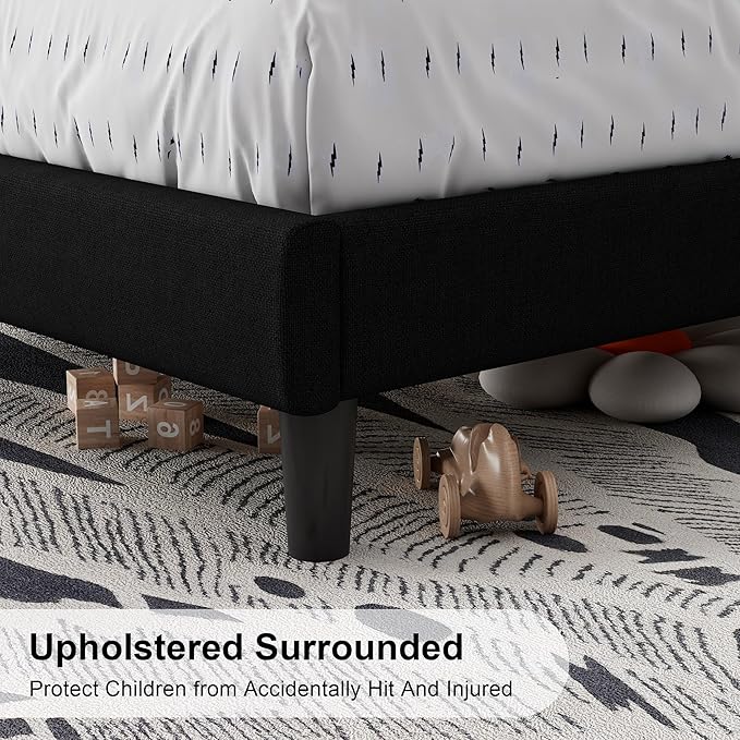 Feonase Twin Size Bed Frame with Charging Station, Upholstered Linen Platform Bed Frame with Wingback Headboard, Solid Wood Slats Support, No Box Spring Needed, Noise Free, Black