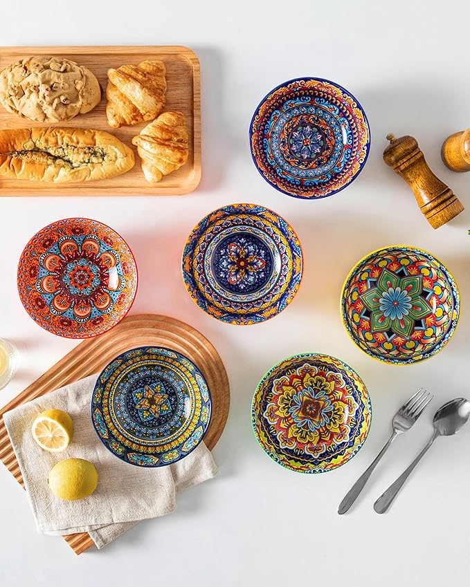 vancasso 26oz Cereal Bowls Set of 6, Boho Ceramic Soup Bowls with Colorful Bohemian Pattern, Microwave & Dishwasher Safe Serving Bowls for Salad, Oatmeal, Pasta, KRVI Series