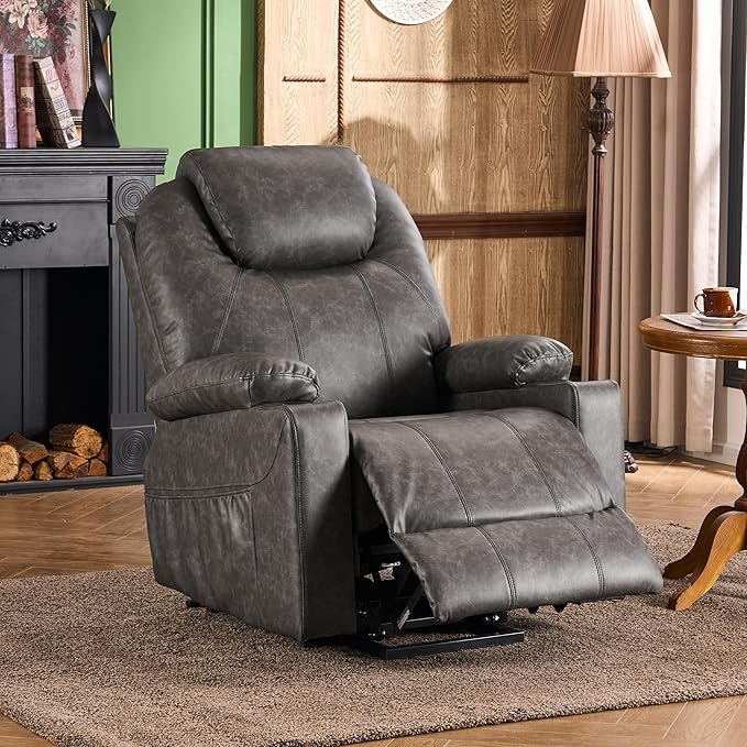 SALOHZA Power Lift Recliner Chair for Elderly with Massage and Heat for Living Room, Electric Recliner Chair for Adults with USB/Type C Port/Cup Holders, PU Faux Leather, Grey