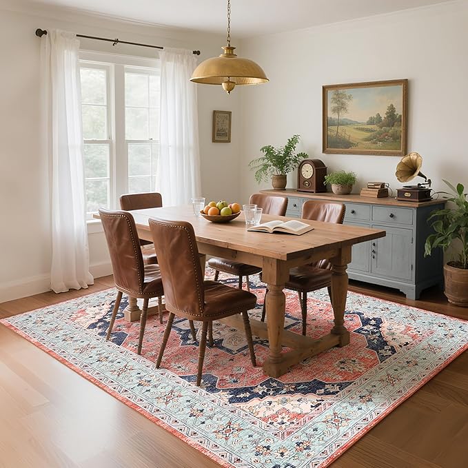 8x10 Area Rug for Living Room, Modern Washable Rug Non Slip Low Pile Large Area Rugs for Living Room, Bedroom, Farmhouse, Dining Room, Red&Blue